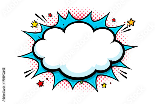 Vibrant comic style speech bubble with blue spikes and red dots