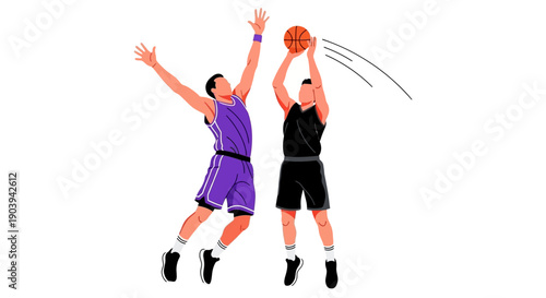 Athletic men in sportswear leaping to score during an intense basketball game on a white background