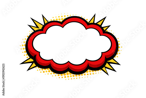 Retro comic style blank speech bubble with red outline and yellow burst