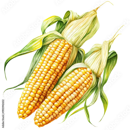 Sweet Corn High Quality, watercolor painting with colorful accents, isolated on a white background.