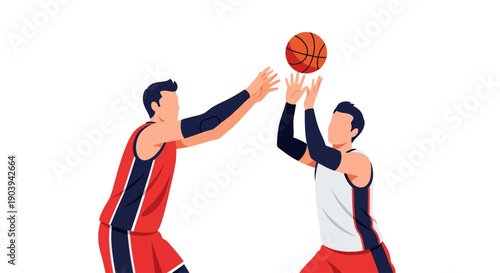 Two basketball players in action during a game, one player jumping to shoot the ball while the other defends