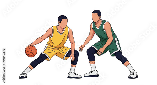 Two athletes engaged in a basketball game, displaying their defensive and offensive stances during a competitive match