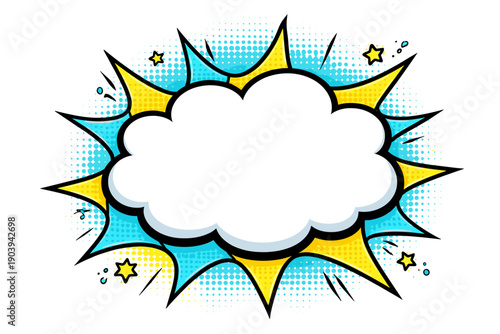 Explosive comic book speech bubble with yellow and blue stars