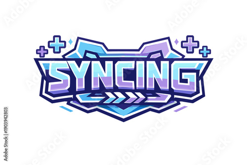 Futuristic gaming logo: bold blue and purple geometric design with syncing text