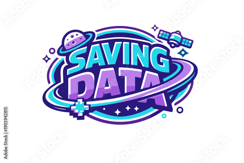 Saving data: space-themed logo with spaceship and satellite elements
