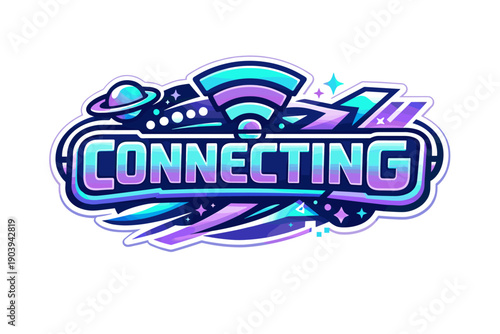 Futuristic wi-fi symbol with space elements and neon colors