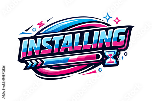 Installing progress graphic with hourglass icon - colorful digital design