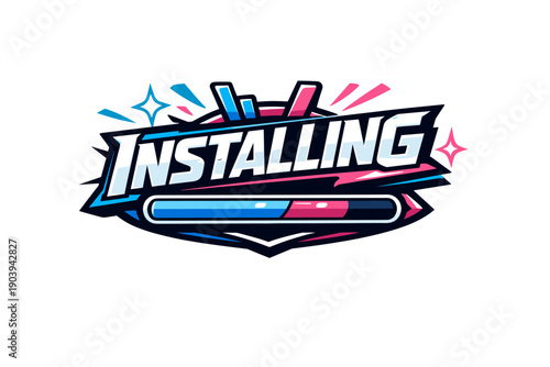 Colorful installing graphic with progress bar and sparkle elements