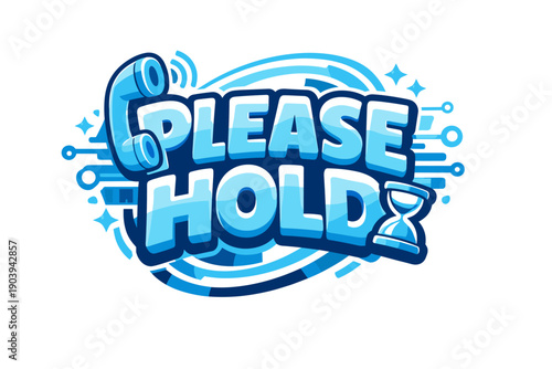 Please hold telephone illustration with retro blue design