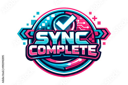 Sync complete icon with checkmark and circuit design in blue and pink