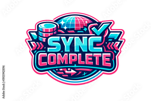 Vibrant sync complete button with globe and checkmark icon