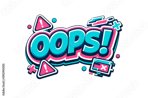 Colorful comic style oops sign with exclamation marks and geometric icons