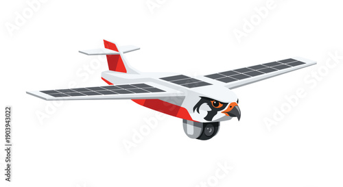 An autonomous drone designed as a falcon with solar panels symbolizes surveillance, advanced technology, and avian-inspired flight.