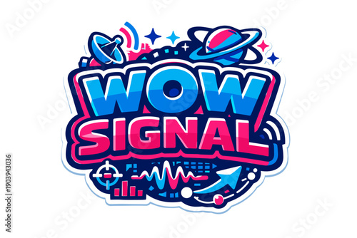 Colorful wow signal illustration with space elements