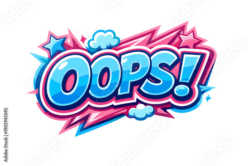 Colorful comic style 'oops!' text with stars and clouds
