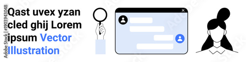 Digital communication, user identification, profiles, online messaging, connection, account security. A chat interface, profile icons and magnifying glass. Digital communication and user