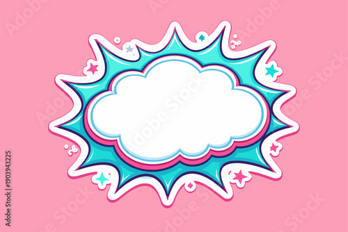 Colorful cartoon cloud burst with stars on pink background