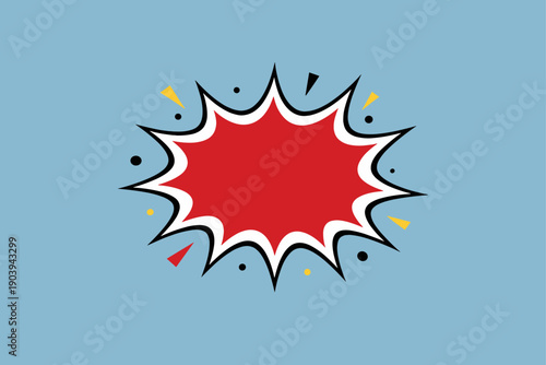 Bold red comic explosion on blue background with dynamic shapes