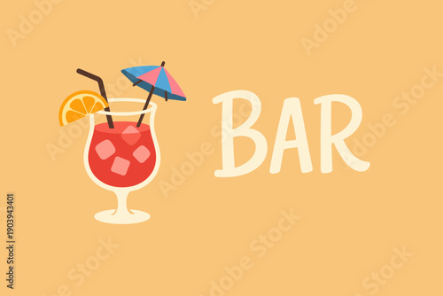 Colorful tropical cocktail with umbrella and orange slice on orange background
