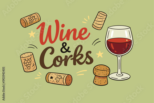 Wine and corks illustration with glass of red wine and decorative corks