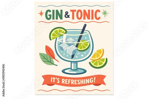 Refreshing gin and tonic beverage with lime and ice in a glass