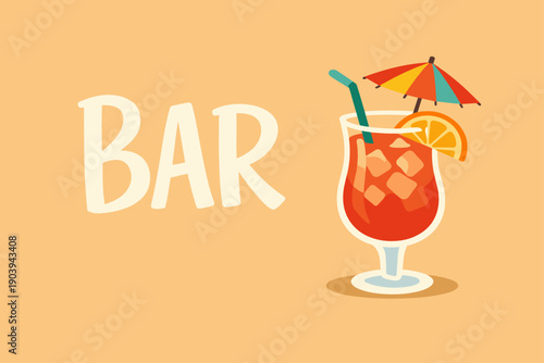 Tropical cocktail with orange slice and umbrella on tangerine background