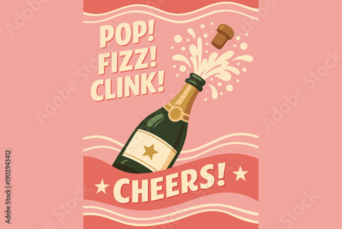 Celebratory champagne bottle popping with fizz and cheers on pink background