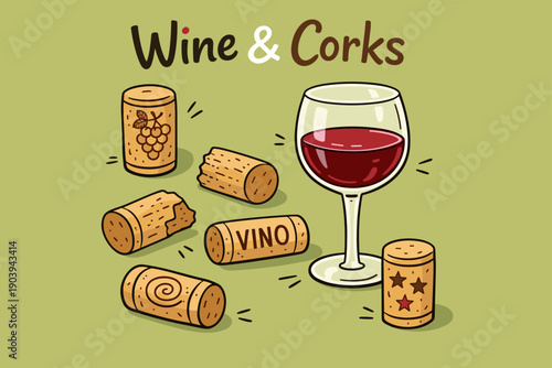 Wine and corks illustration with glass of red wine and decorative corks