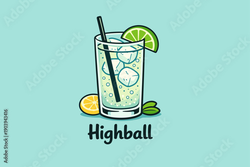 Refreshing highball cocktail with lime and ice on teal background