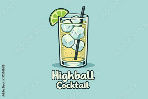 Refreshing highball cocktail with lime slice and ice cubes in glass on blue background