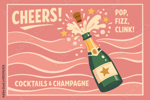 Celebratory champagne bottle with cork popping on pink background