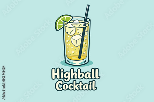 Refreshing highball cocktail with ice, lime, and straw on blue background