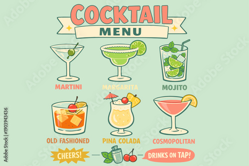 Cocktail menu featuring martini margarita mojito old fashioned pina colada cosmopolitan