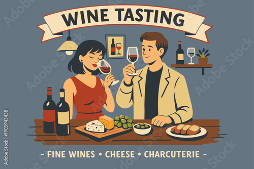 Couple enjoying wine tasting with cheese and charcuterie in a cozy setting