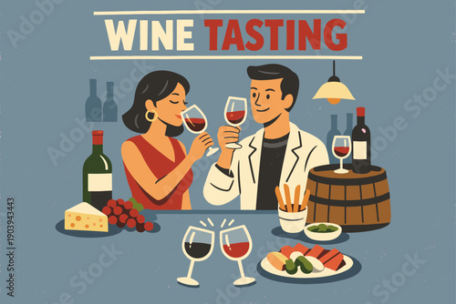 Cartoon couple enjoying wine tasting event with cheese and snacks