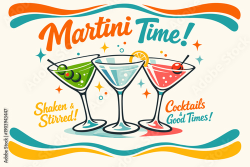 Martini time: vibrant cocktails with olives and citrus garnish
