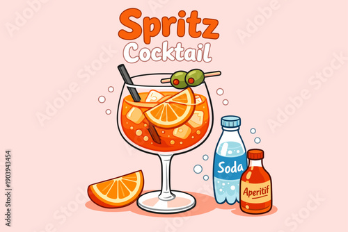 Colorful spritz cocktail with orange garnish and ingredients on pink background