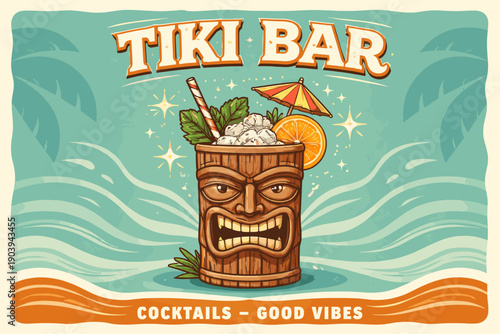 Tiki bar wooden mug with fruit garnish and tropical waves design