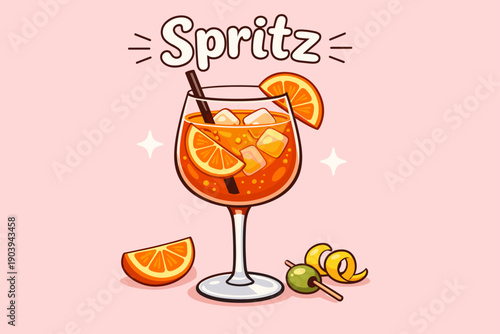 Illustrated spritz cocktail with garnish on pink background