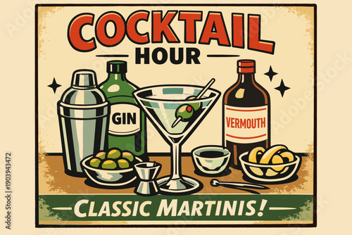 Cocktail hour: classic martinis with gin and vermouth illustration