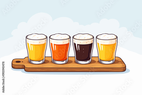 Four glasses of beer on wooden paddle with cloudy blue sky background