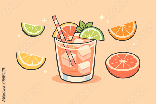 Refreshing citrus cocktail with ice and straw on a peach background