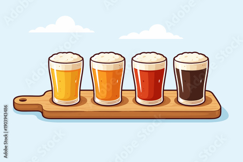 Four glasses of craft beer on wooden board with blue sky background