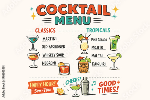 Cocktail menu design featuring classics and tropicals with happy hour details