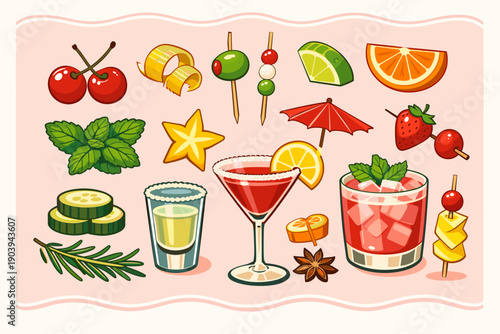 Colorful cocktail ingredients and drinks with garnishes on pink background