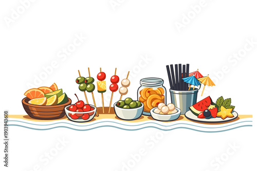 Assorted appetizers featuring fruits and snacks on wooden surface