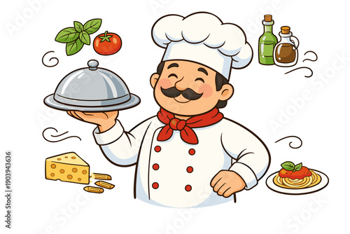 Male chef holding platter with italian ingredients and meal illustration