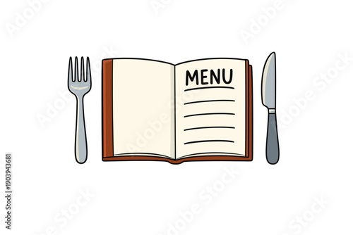 Cartoon menu with fork and knife on white background