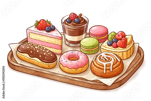 Assorted sweet pastries and desserts on wooden tray with berries