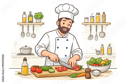Male chef preparing salad in kitchen with fresh vegetables and ingredients